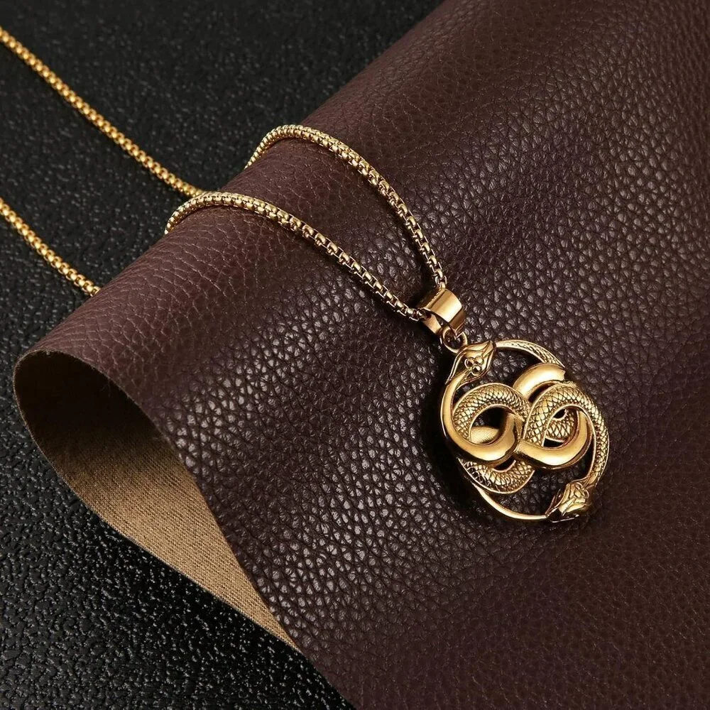 Mens End to End Gold Snake Gothic Stainless Steel Snake Pendant Jewelry Chain